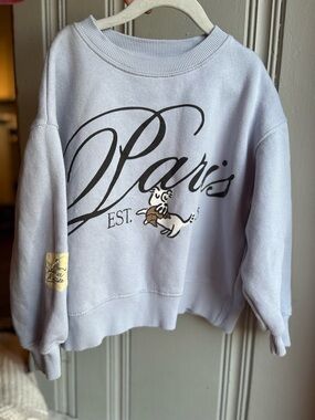 ZARA Girls 8/9yrs Blue Paris Script Graphic Cotton Sweatshirt Creaneck